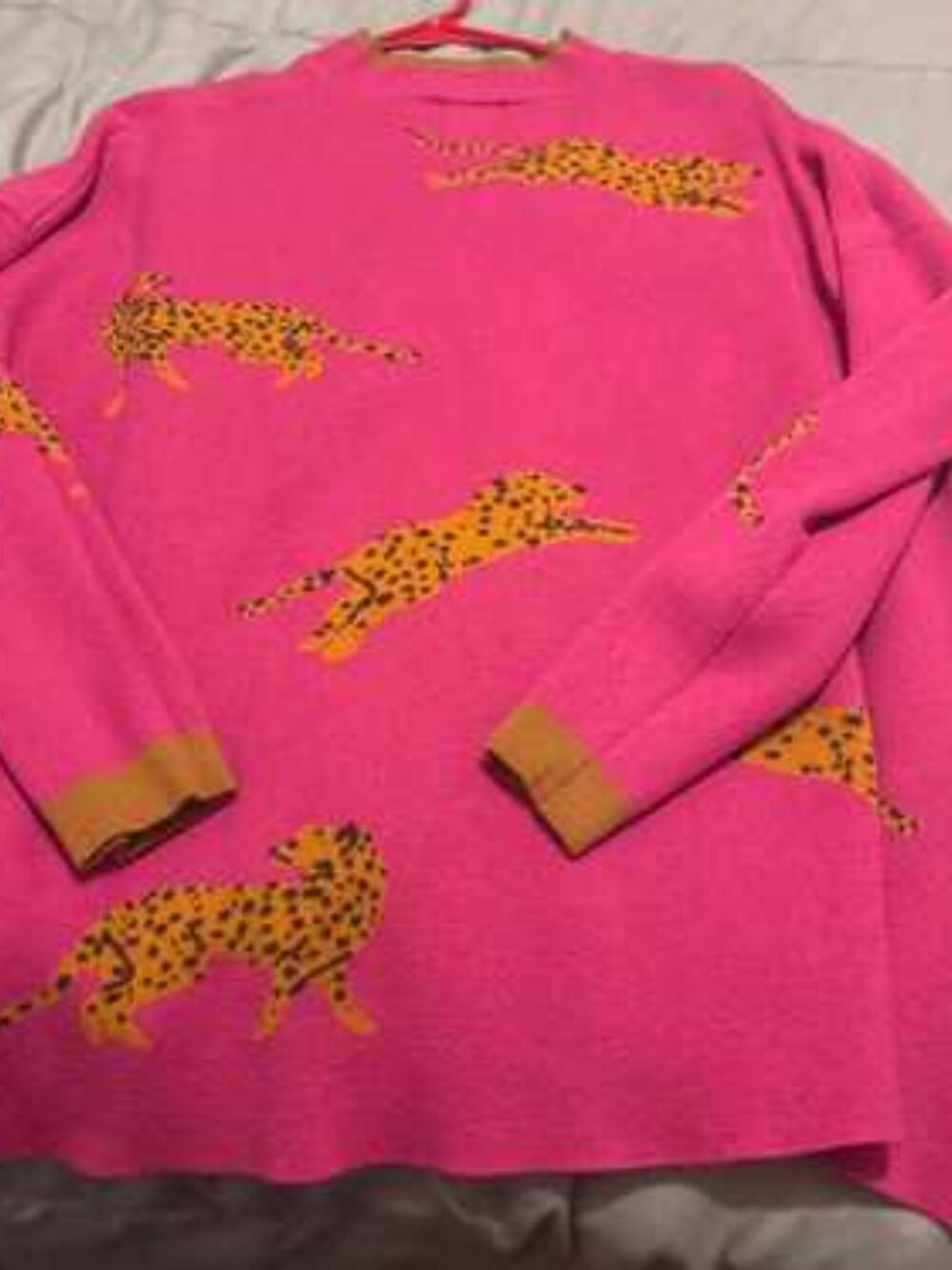 Fate Hot Pink Leopard Intarsia Crewneck Sweater with Tan Accents Large